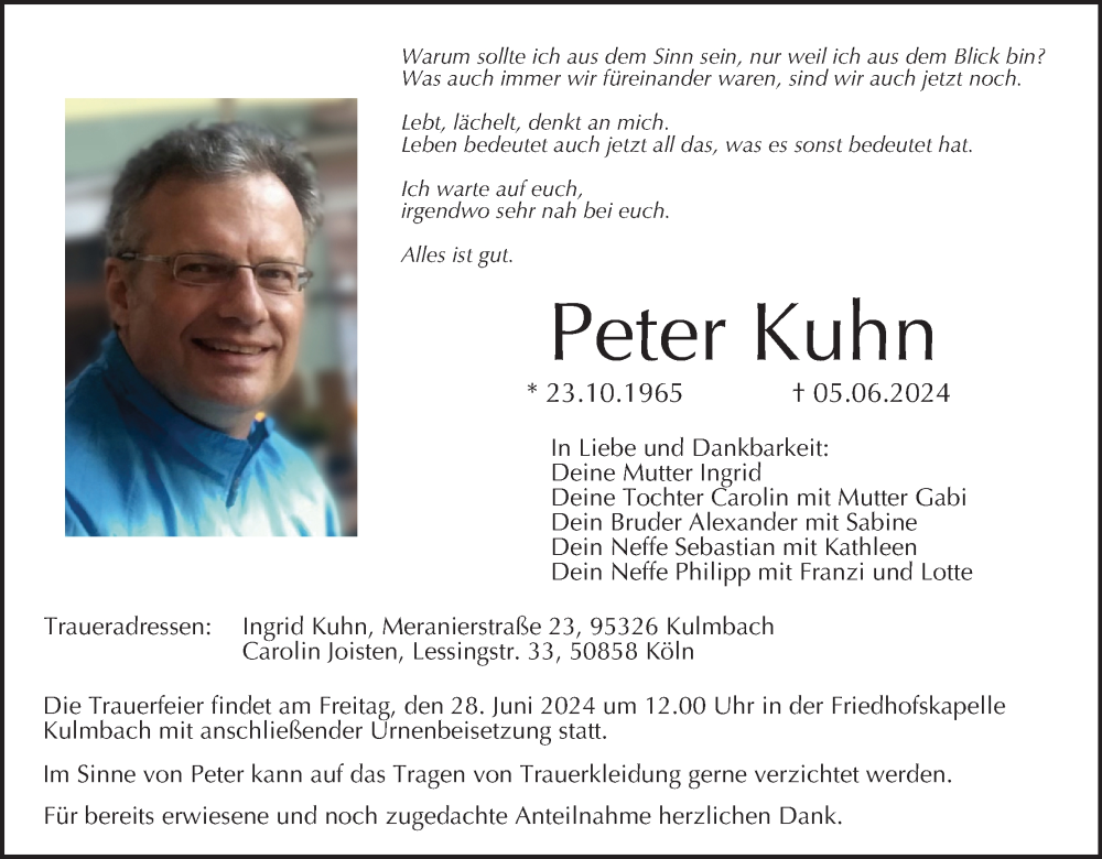  Traueranzeige für Peter Kuhn vom 22.06.2024 aus MGO