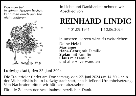 Anzeige von Reinhard Lindig von MGO