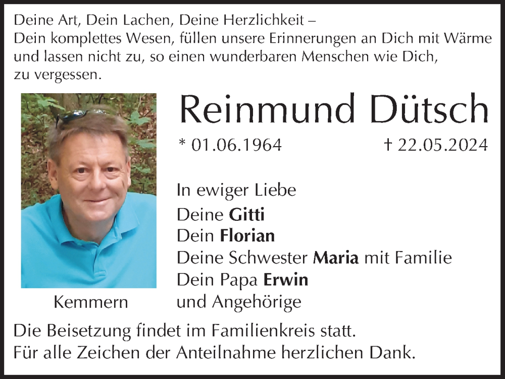  Traueranzeige für Reinmund Dütsch vom 15.06.2024 aus MGO