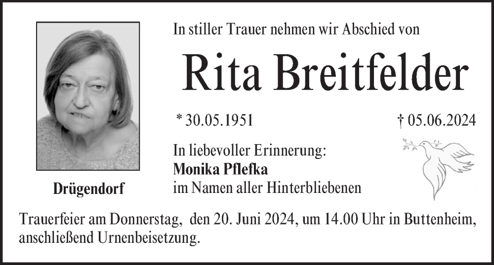  Traueranzeige für Rita Breitfelder vom 15.06.2024 aus MGO