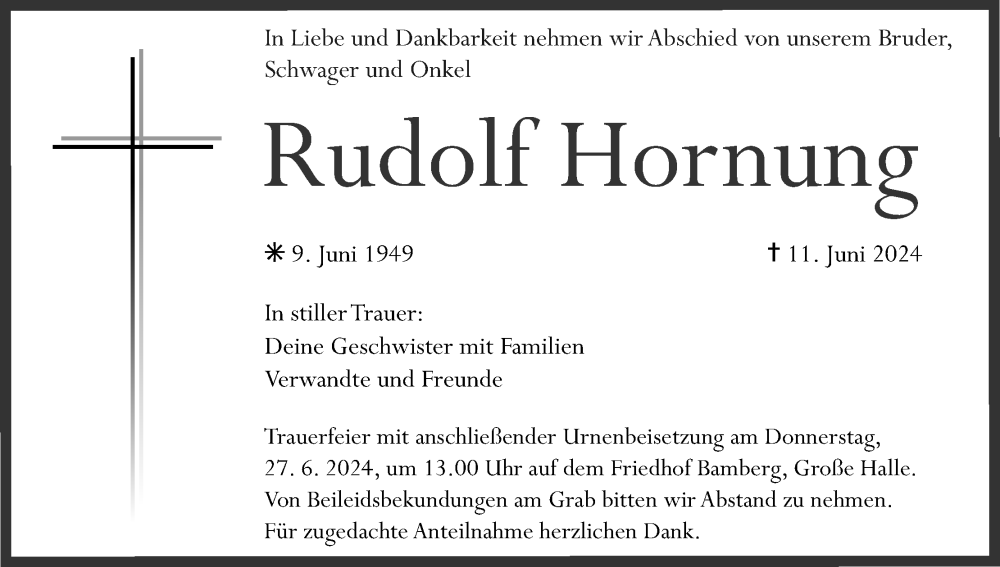  Traueranzeige für Rudolf Hornung vom 22.06.2024 aus MGO