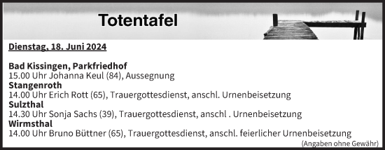 Anzeige von Totentafel vom 18.06.2024 von MGO