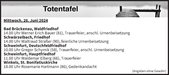 Anzeige von Totentafel vom 26.06.2024 von MGO