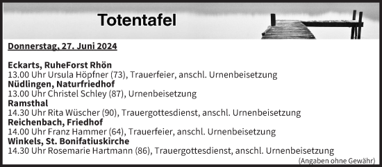 Anzeige von Totentafel vom 27.06.2024 von MGO