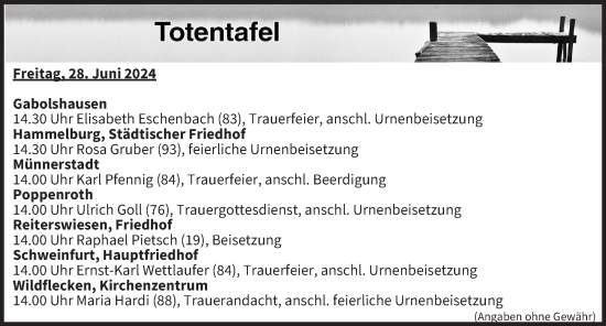Anzeige von Totentafel vom 28.06.2024 von MGO