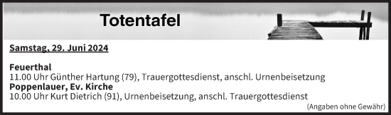 Anzeige von Totentafel vom 29.06.2024 von MGO