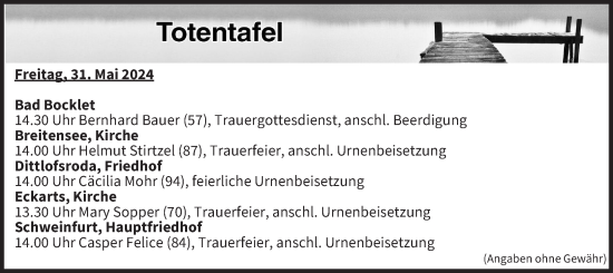 Anzeige von Totentafel vom 31.05.2024 von MGO