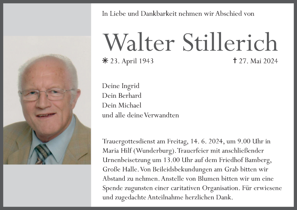  Traueranzeige für Walter Stillerich vom 08.06.2024 aus MGO