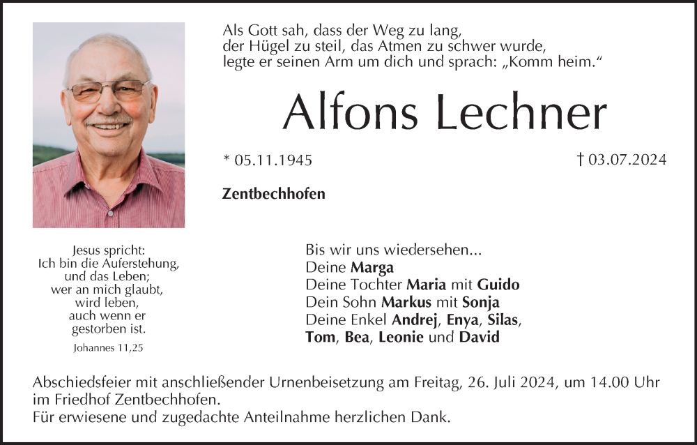  Traueranzeige für Alfons Lechner vom 20.07.2024 aus MGO