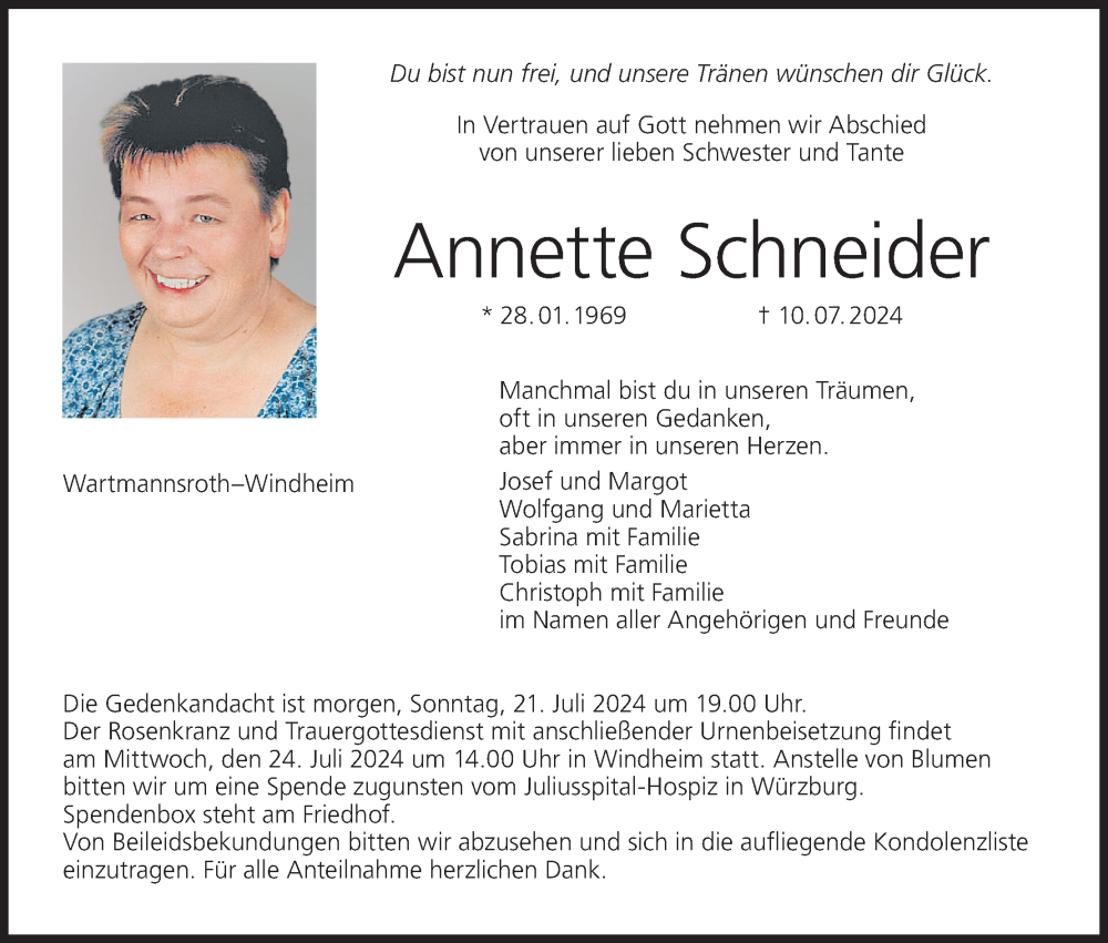  Traueranzeige für Annette Schneider vom 20.07.2024 aus MGO