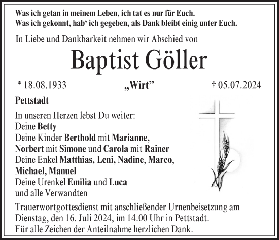 Anzeige von Baptist Göller von MGO