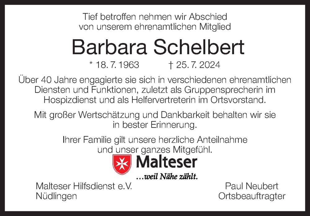  Traueranzeige für Barbara Schelbert vom 27.07.2024 aus MGO