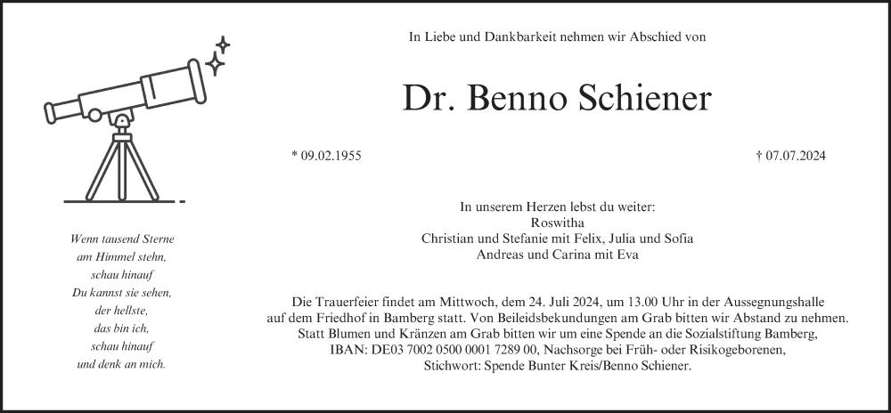  Traueranzeige für Benno Schiener vom 20.07.2024 aus MGO