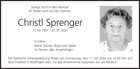 Anzeige von Christl Sprenger von MGO