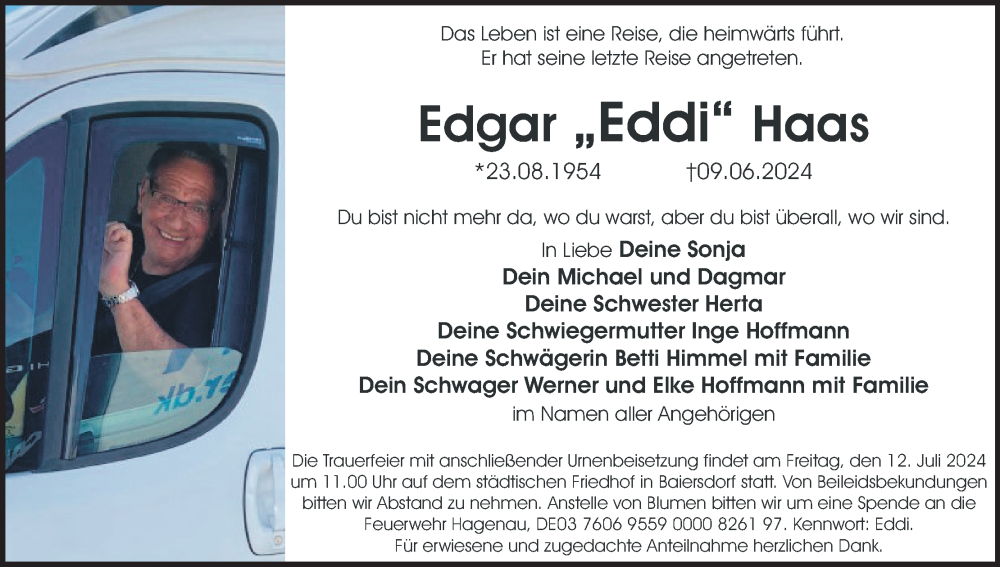  Traueranzeige für Edgar  Haas vom 06.07.2024 aus MGO