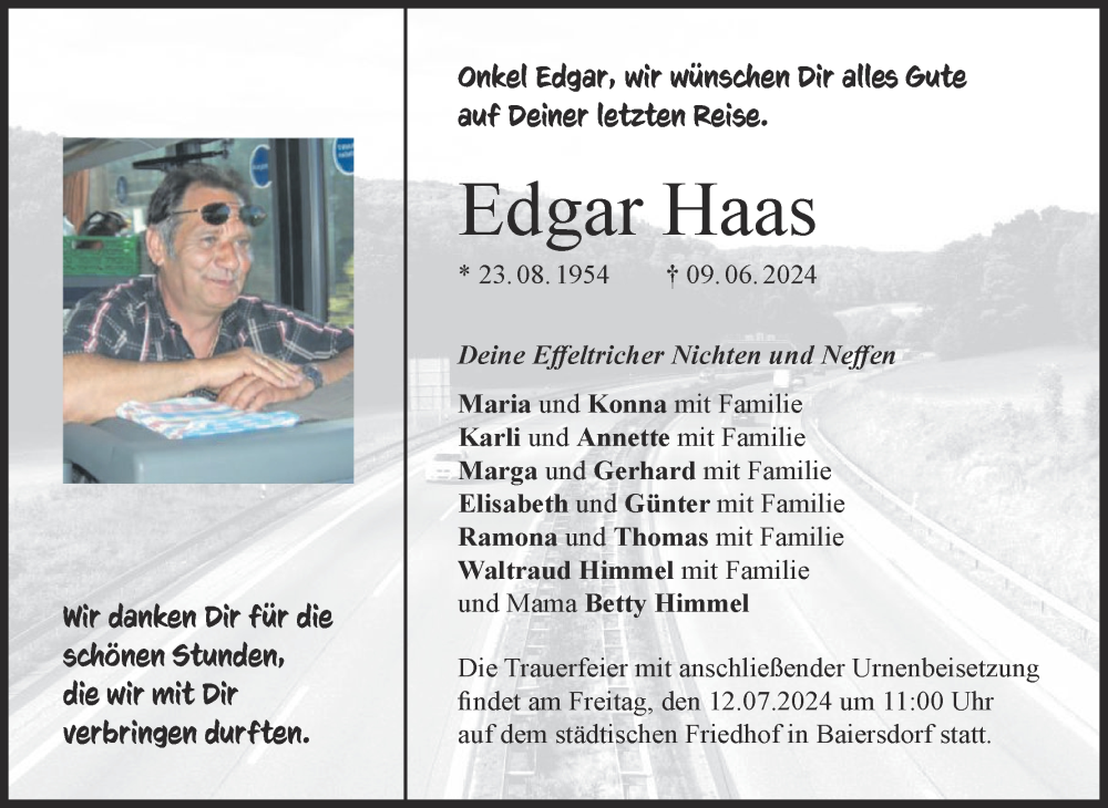  Traueranzeige für Edgar  Haas vom 09.07.2024 aus MGO