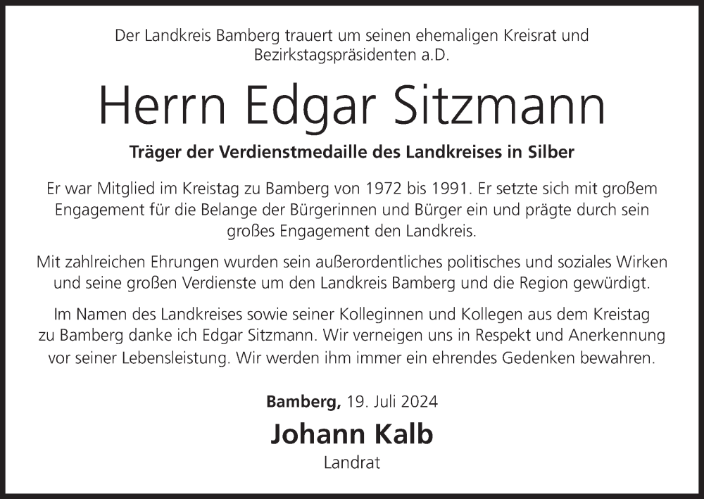  Traueranzeige für Edgar Sitzmann vom 23.07.2024 aus MGO