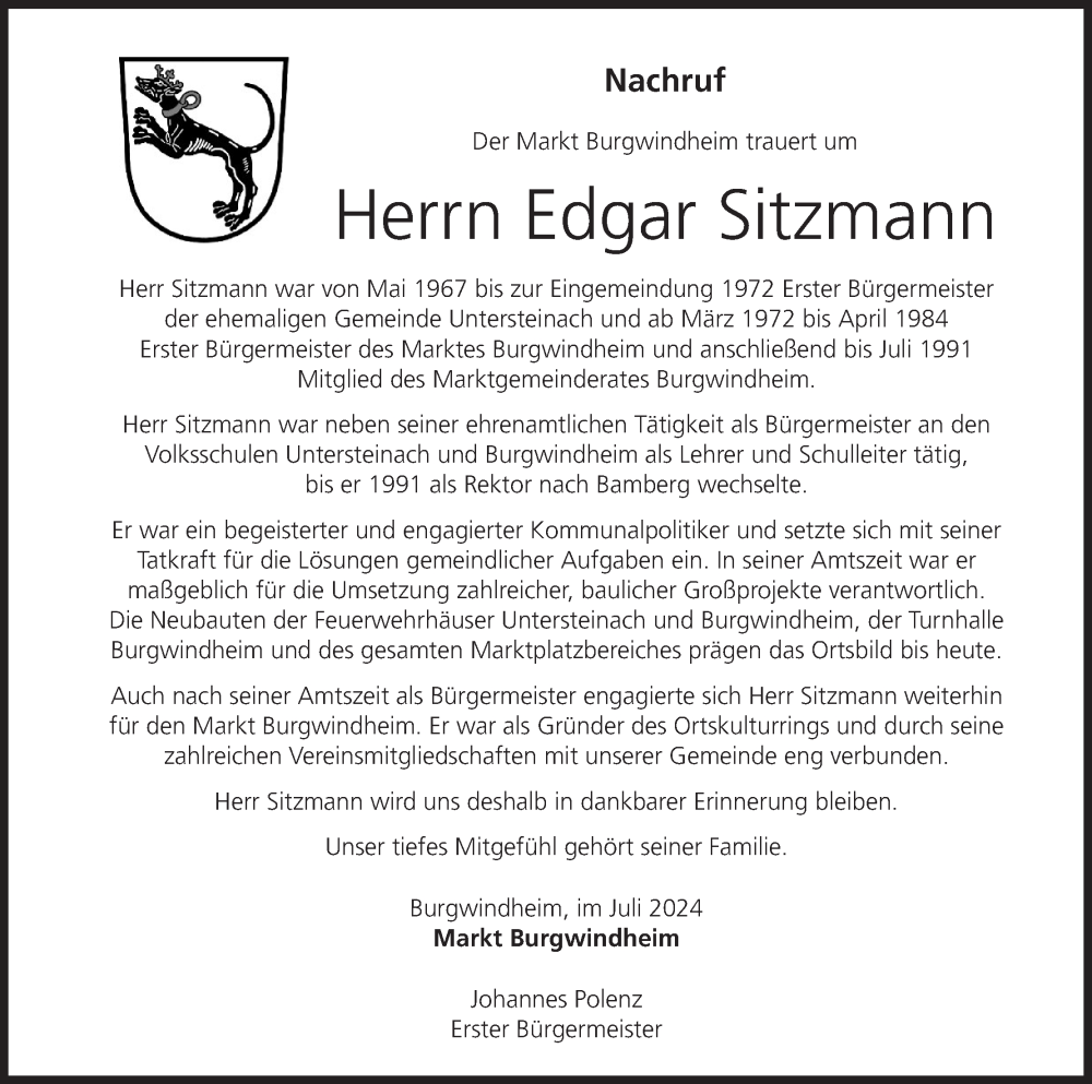  Traueranzeige für Edgar Sitzmann vom 23.07.2024 aus MGO