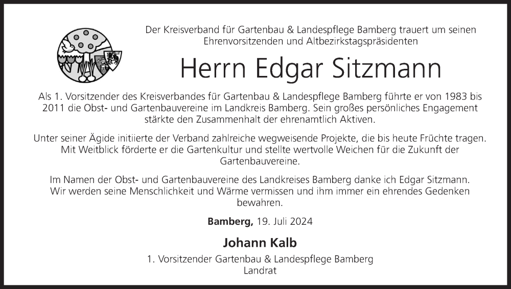  Traueranzeige für Edgar Sitzmann vom 23.07.2024 aus MGO