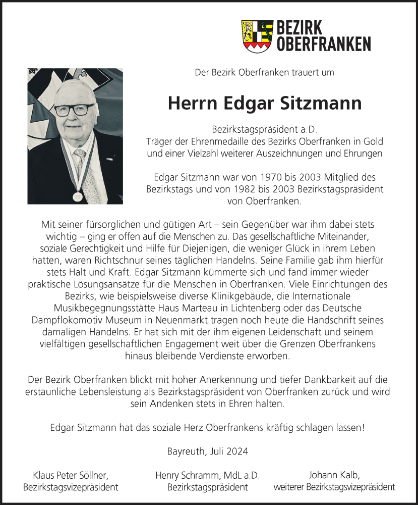  Traueranzeige für Edgar Sitzmann vom 26.07.2024 aus MGO