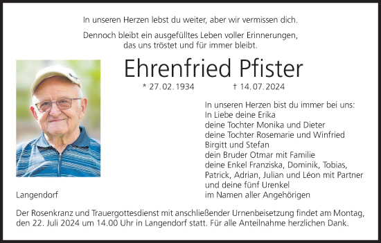 Traueranzeige von Ehrenfried Pfister