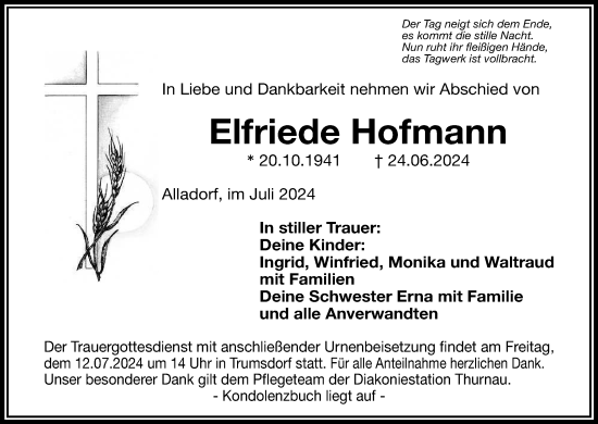 Anzeige von Elfriede Hofmann von MGO