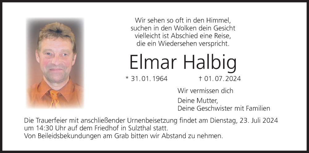  Traueranzeige für Elmar Halbig vom 20.07.2024 aus MGO