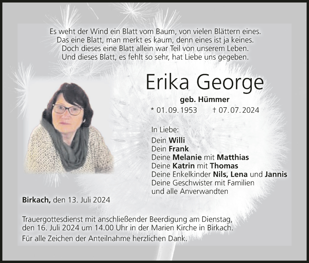  Traueranzeige für Erika George vom 13.07.2024 aus MGO