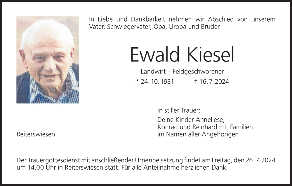  Traueranzeige für Ewald Kiesel vom 20.07.2024 aus MGO