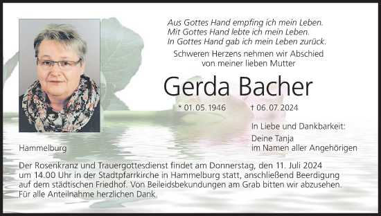 Anzeige von Gerda Bacher von MGO