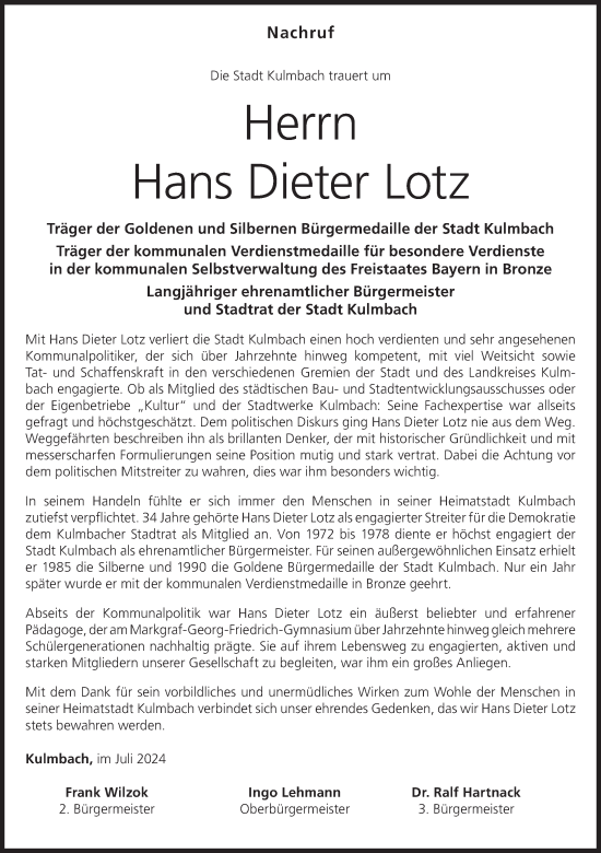 Anzeige von Hans Dieter Lotz von MGO