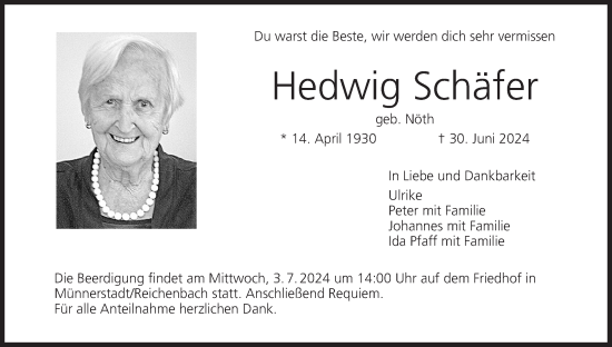 Anzeige von Hedwig Schäfer von MGO