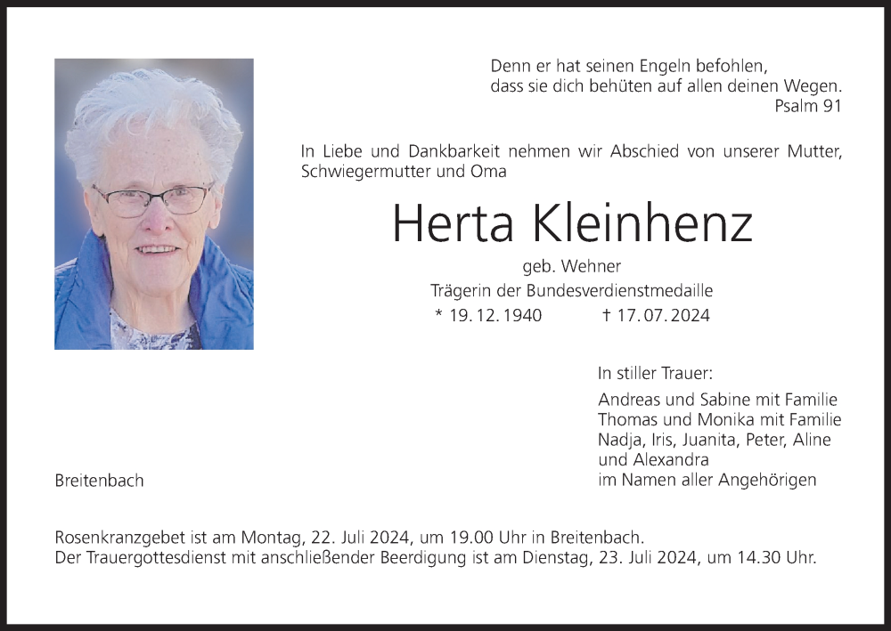  Traueranzeige für Herta Kleinhenz vom 20.07.2024 aus MGO