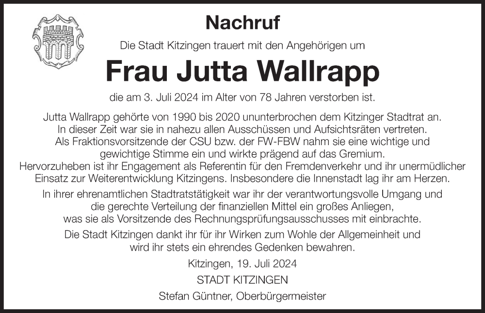  Traueranzeige für Jutta Wallrapp vom 20.07.2024 aus MGO