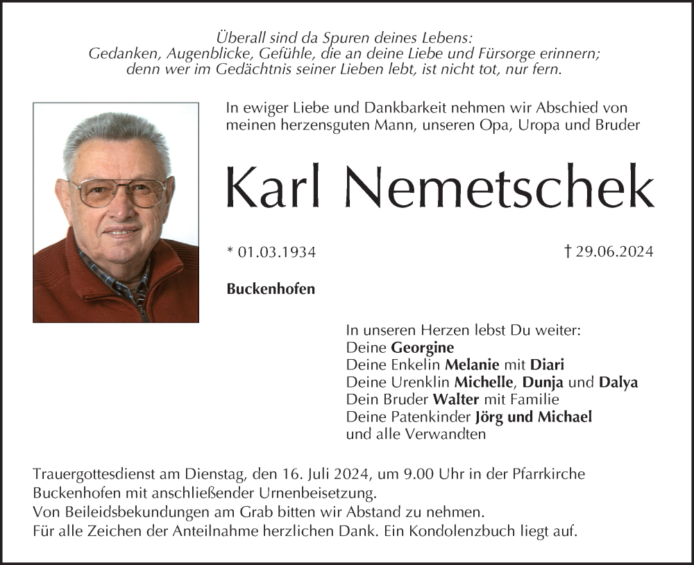  Traueranzeige für Karl Nemetschek vom 13.07.2024 aus MGO