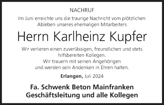 Anzeige von Karlheinz Kupfer von MGO