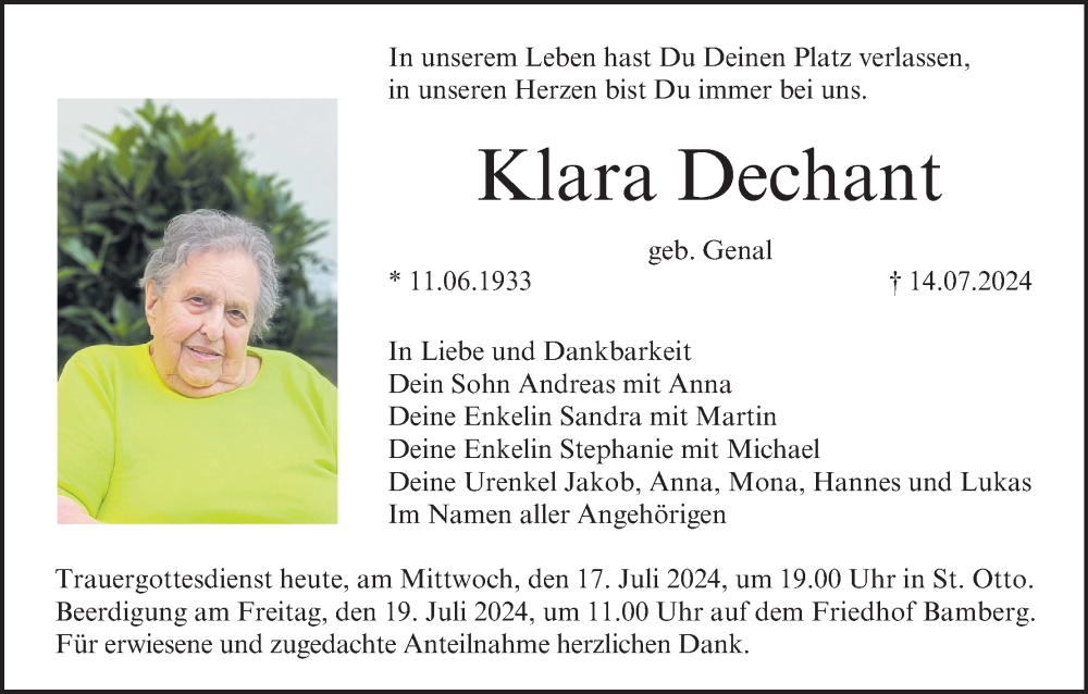  Traueranzeige für Klara Dechant vom 17.07.2024 aus MGO