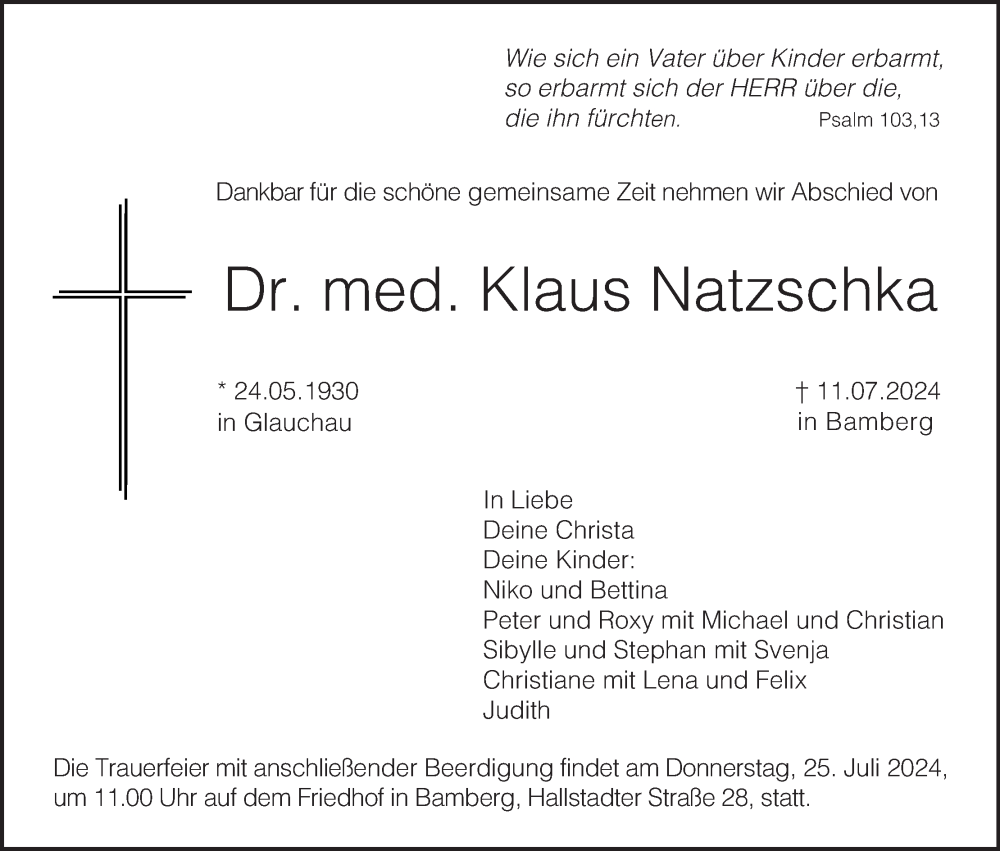  Traueranzeige für Klaus Natzschka vom 20.07.2024 aus MGO