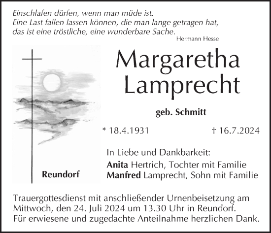 Anzeige von Margaretha Lamprecht von MGO
