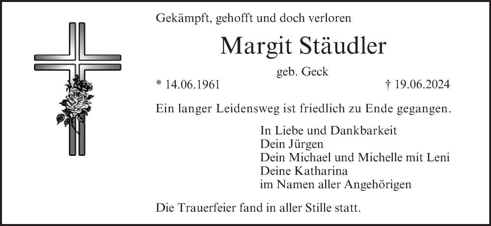  Traueranzeige für Margit Stäudler vom 13.07.2024 aus MGO