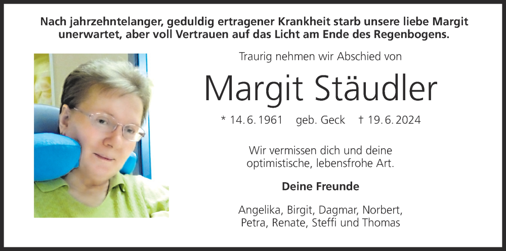  Traueranzeige für Margit Stäudler vom 13.07.2024 aus MGO