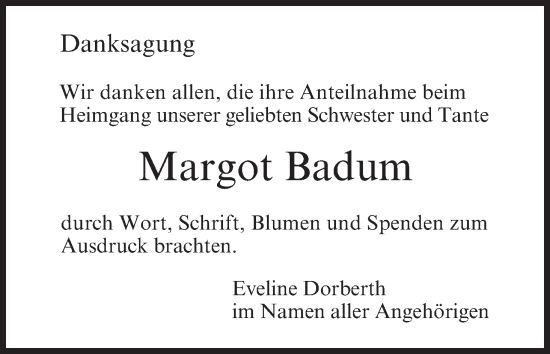 Traueranzeige von Margot Badum