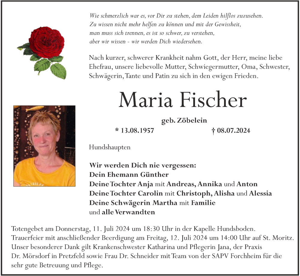  Traueranzeige für Maria Fischer vom 10.07.2024 aus MGO