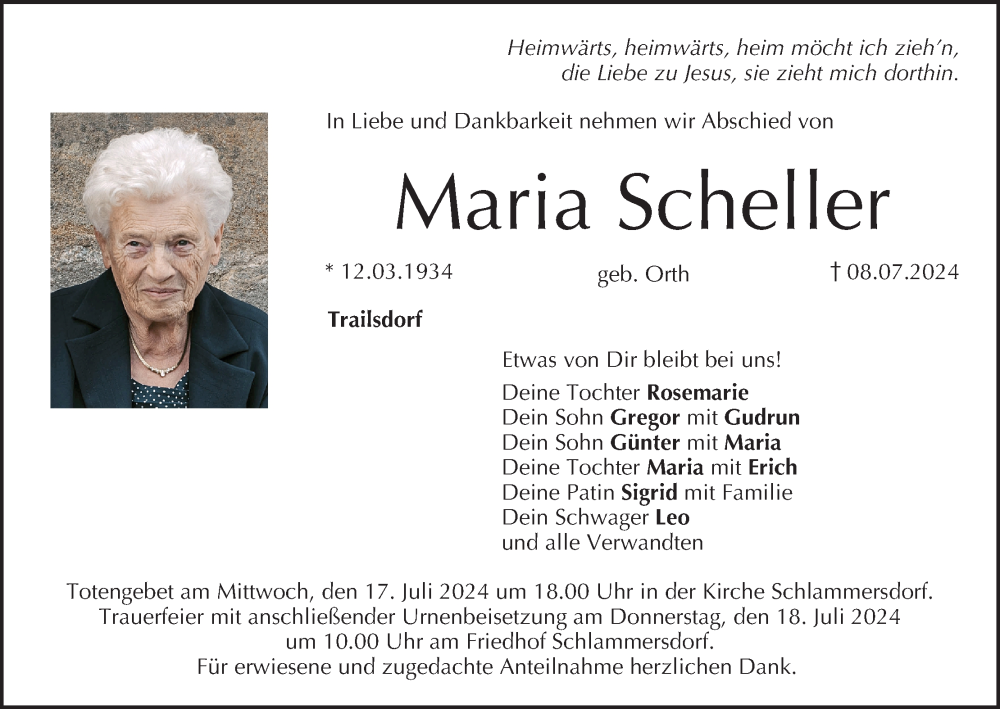  Traueranzeige für Maria Scheller vom 13.07.2024 aus MGO