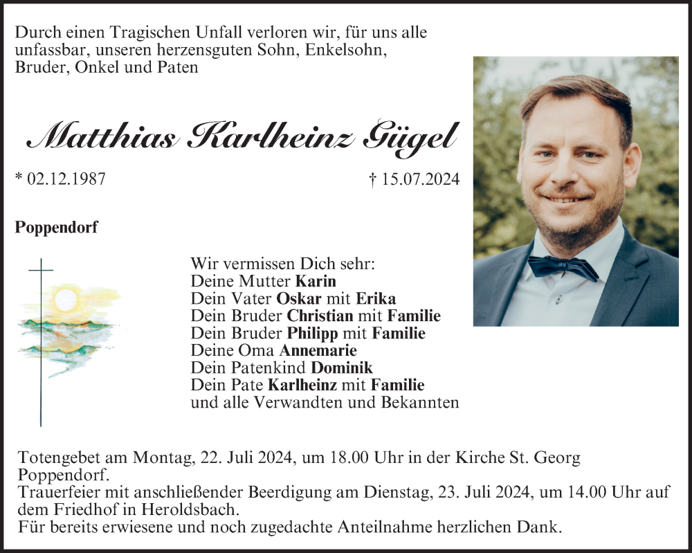  Traueranzeige für Matthias Karlheinz Gügel vom 20.07.2024 aus MGO