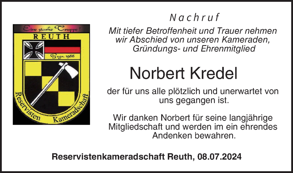  Traueranzeige für Norbert Kredel vom 08.07.2024 aus MGO