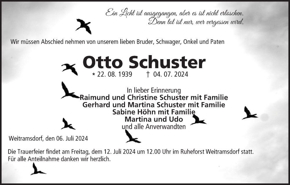  Traueranzeige für Otto Schuster vom 06.07.2024 aus MGO