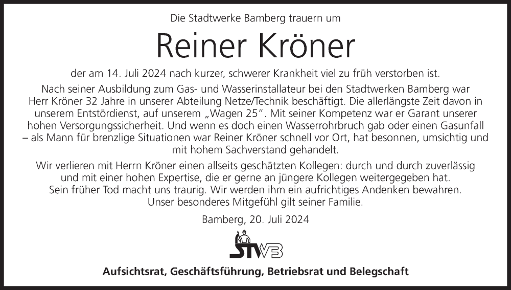  Traueranzeige für Reiner Kröner vom 20.07.2024 aus MGO