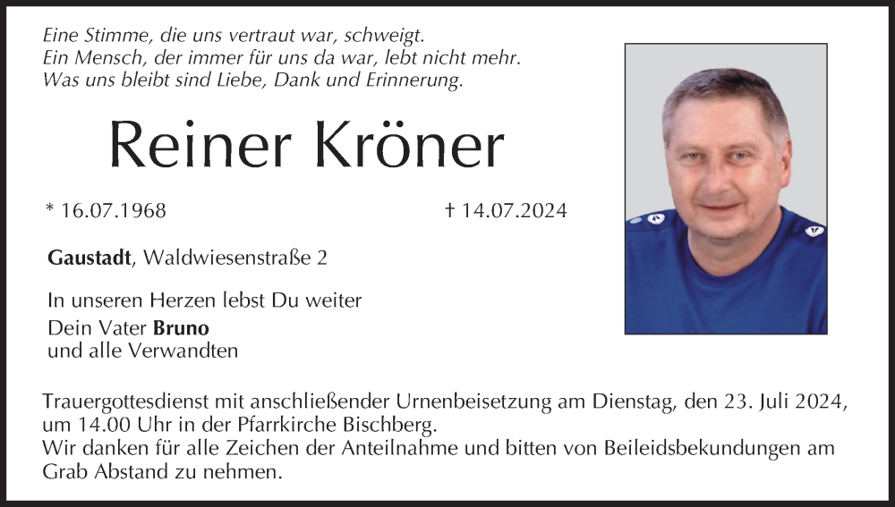  Traueranzeige für Reiner Kröner vom 20.07.2024 aus MGO