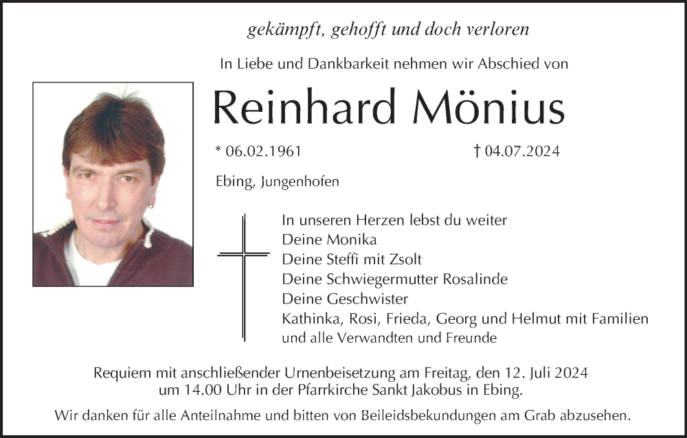  Traueranzeige für Reinhard Mönius vom 06.07.2024 aus MGO